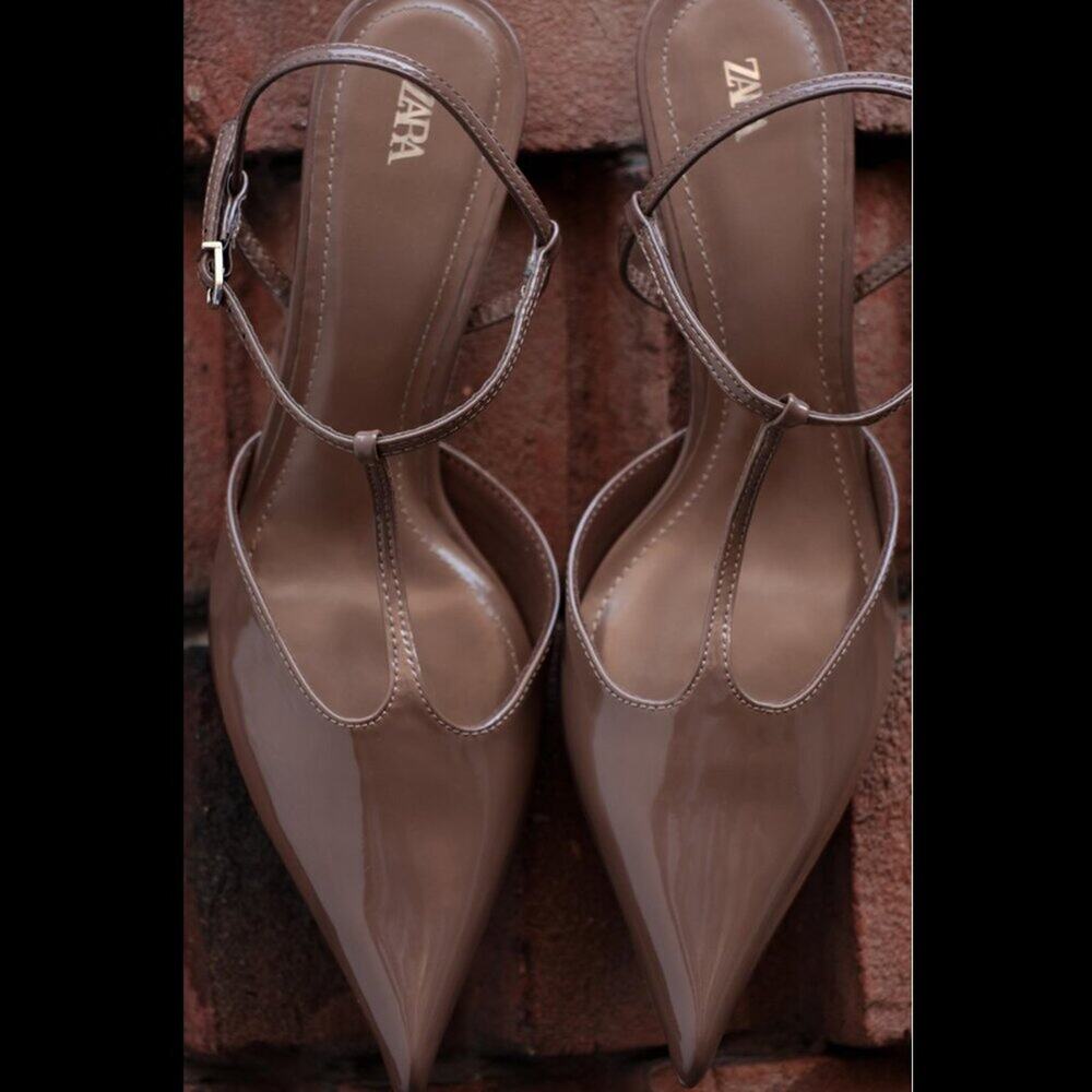 Zara NWT Brown Patent T Strap Slingback Pointed Toe Kitten Heels 9 10 - Picture 16 of 16